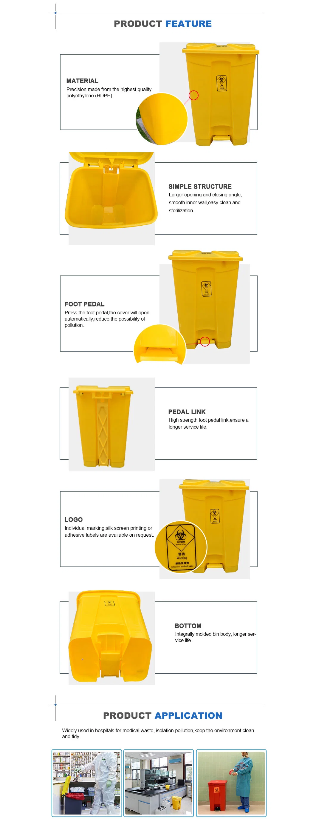 Wholesale Eco-Friendly 16L-80L Small Rubbish HDPE Pedal Yellow Medical Garbage Wheelies Plastic Trash Can Waste Bins for Hospital